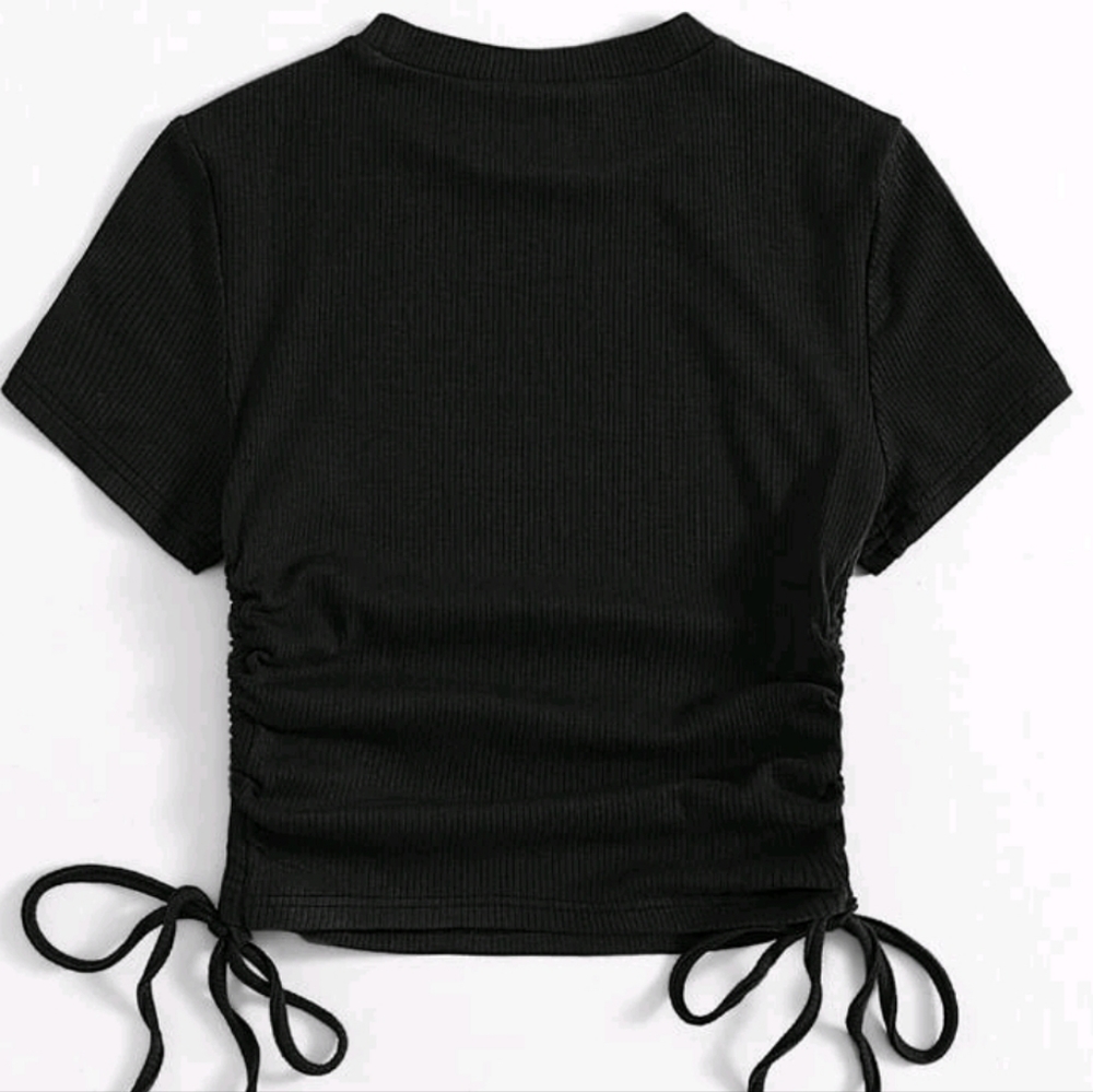 Rhinestone Heart Pattern Drawstring Ruched Side Rib-knit Tee - Picture 2 of 2